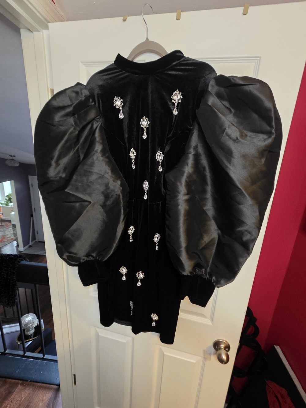 SHEIN Black Velvet Puff-Sleeve Mini Dress with Crystal Motifs